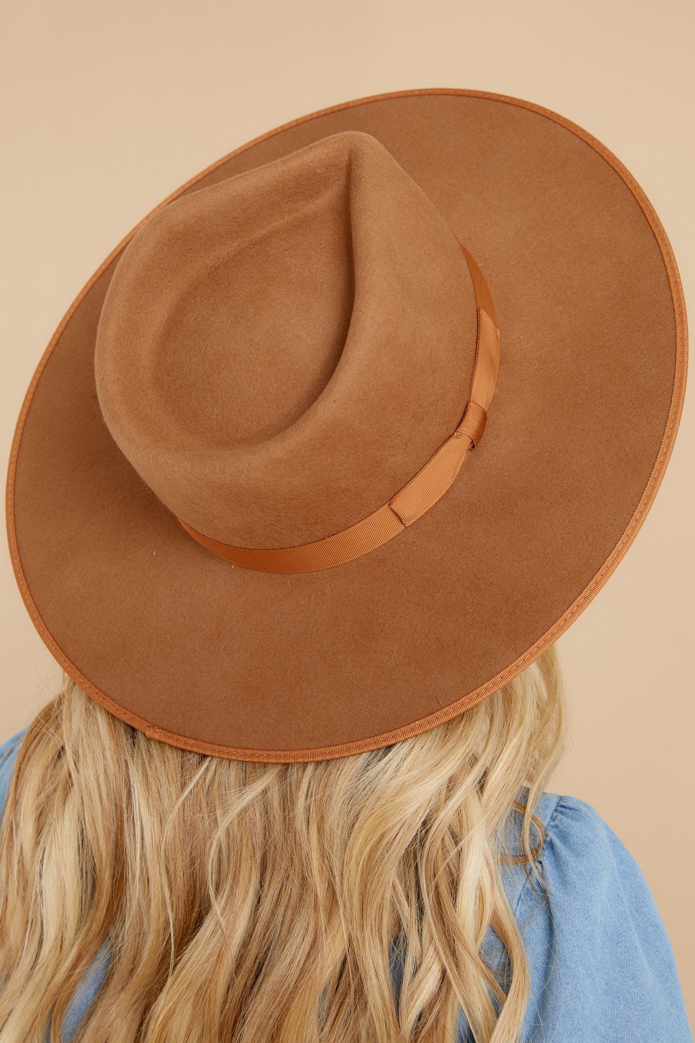 Top view of this fedora that features a stiffened wool hat complete with rigid crown design and rim trimmed with tonal gross grain ribbon.