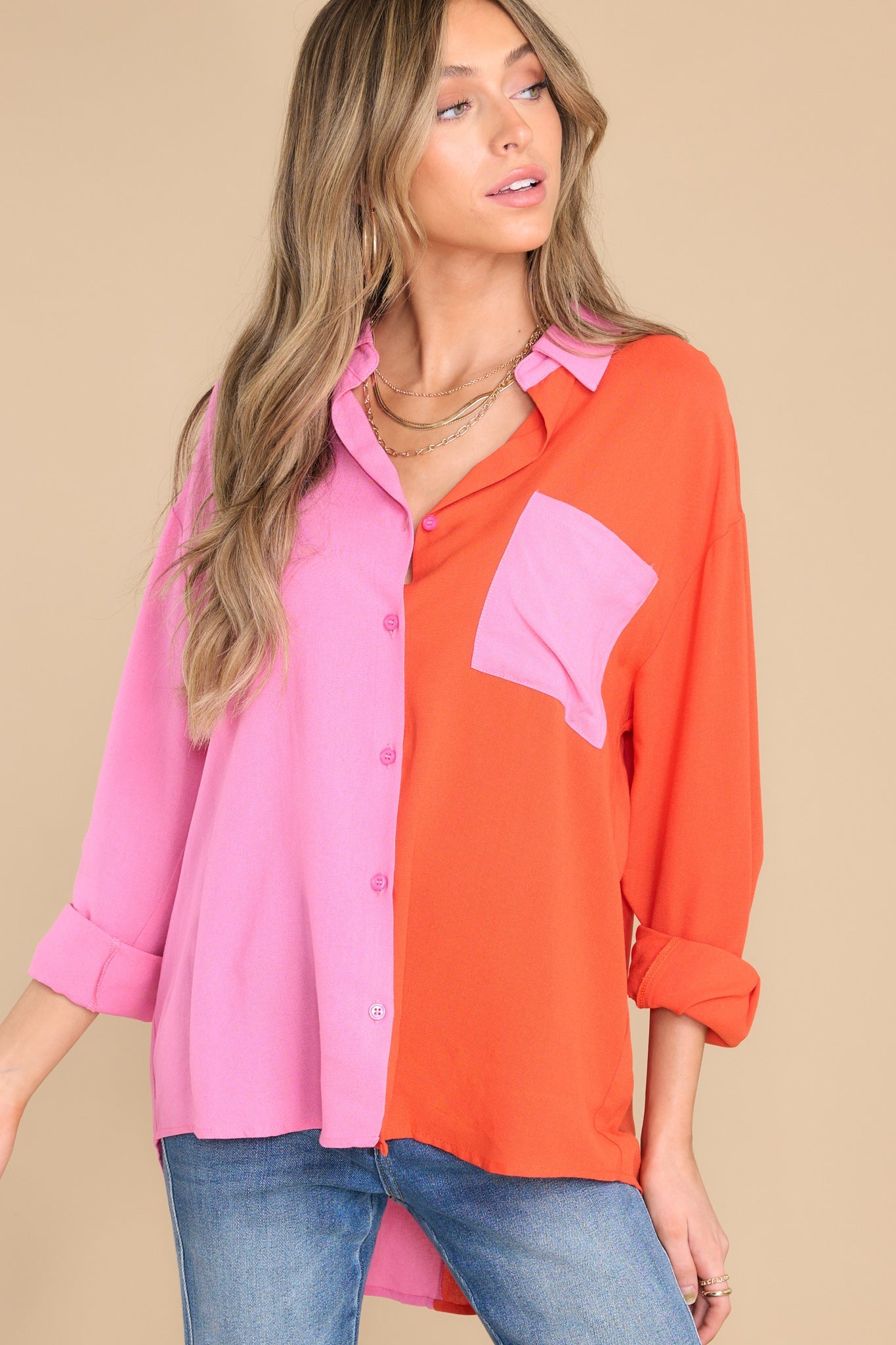 Color Block Button Down Shirt - Pink/Orange